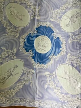 Christian Dior Blue and Lavender Decorative Silk Scarf with Classical Motifs.